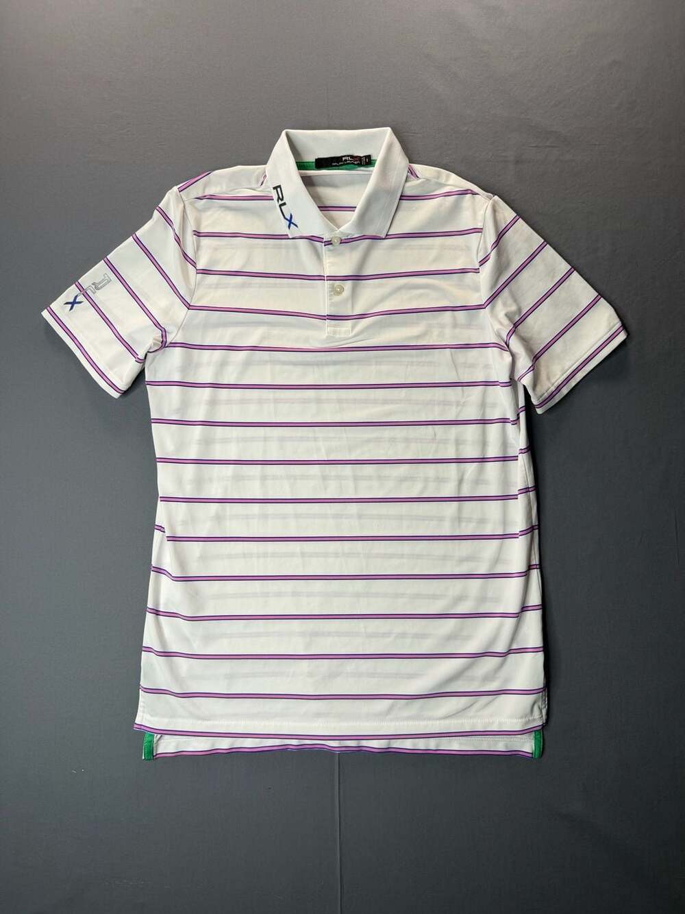 RLX Ralph Lauren Striped Golf Polo Size S White Purple Performance
